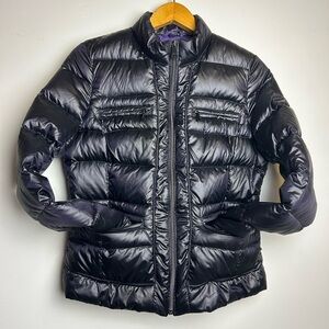 Y2K Bebe Down Puffer Bomber Jacket Women's Sp Black Shiny Purple inside pocket